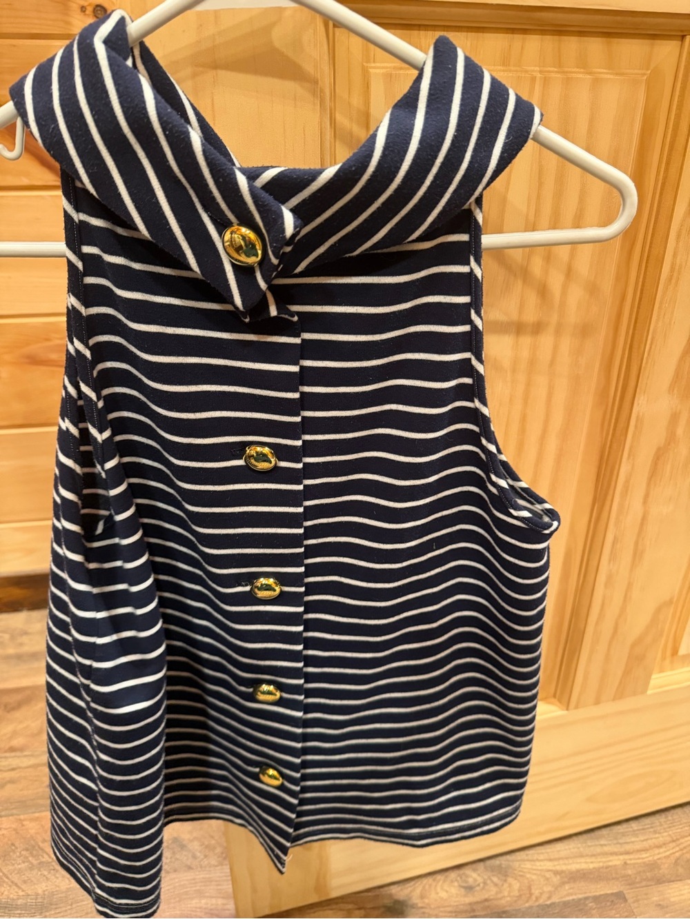 Sail to Sable Navy and White Striped A-Line Halter Top - Picture 2 of 3